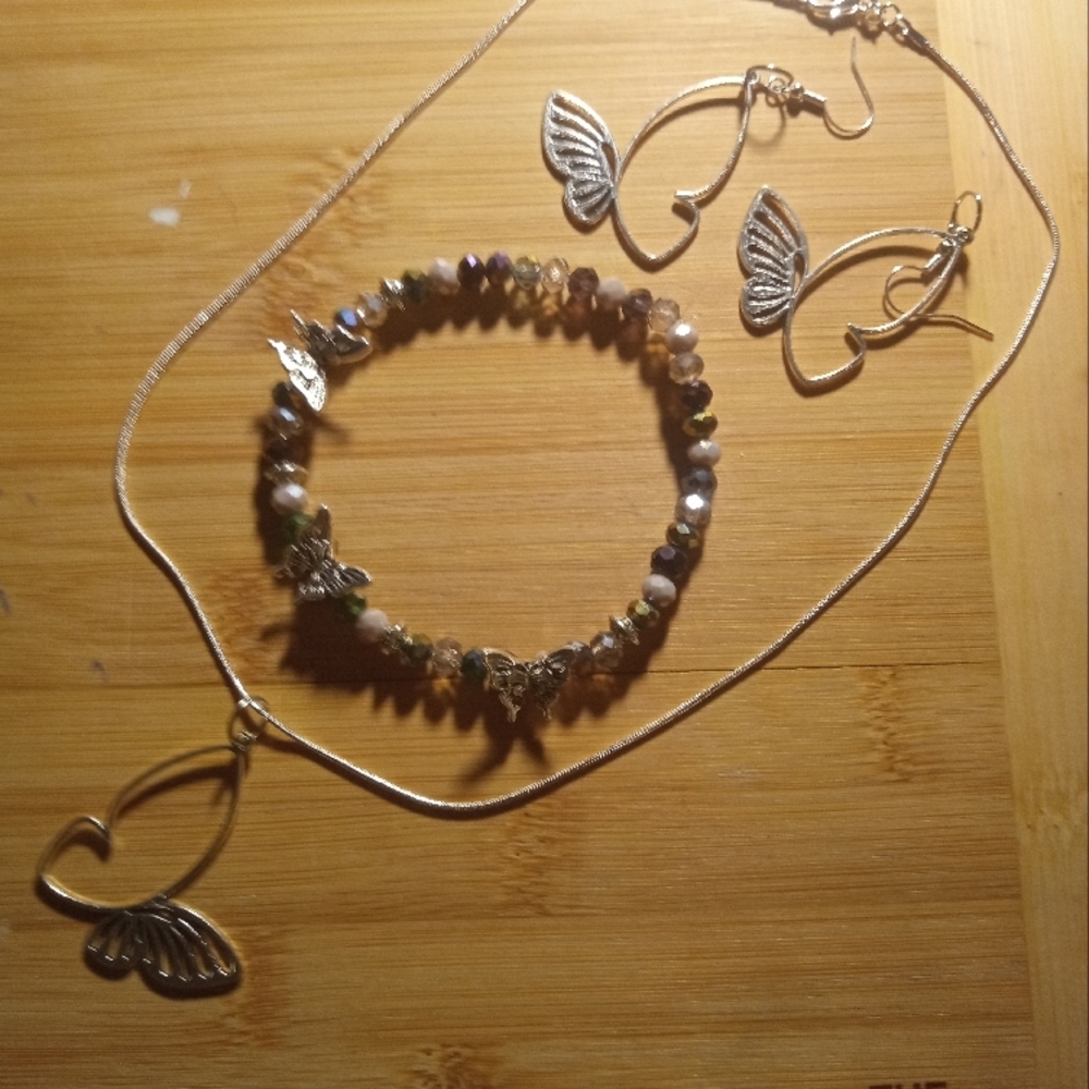 Silver Butterfly Necklace and Earring Set